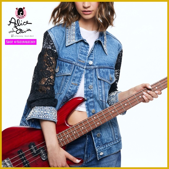 Alice + Olivia Jeff Oversized Embellished Lace Sleeve Denim Jacket - Picture 1 of 16